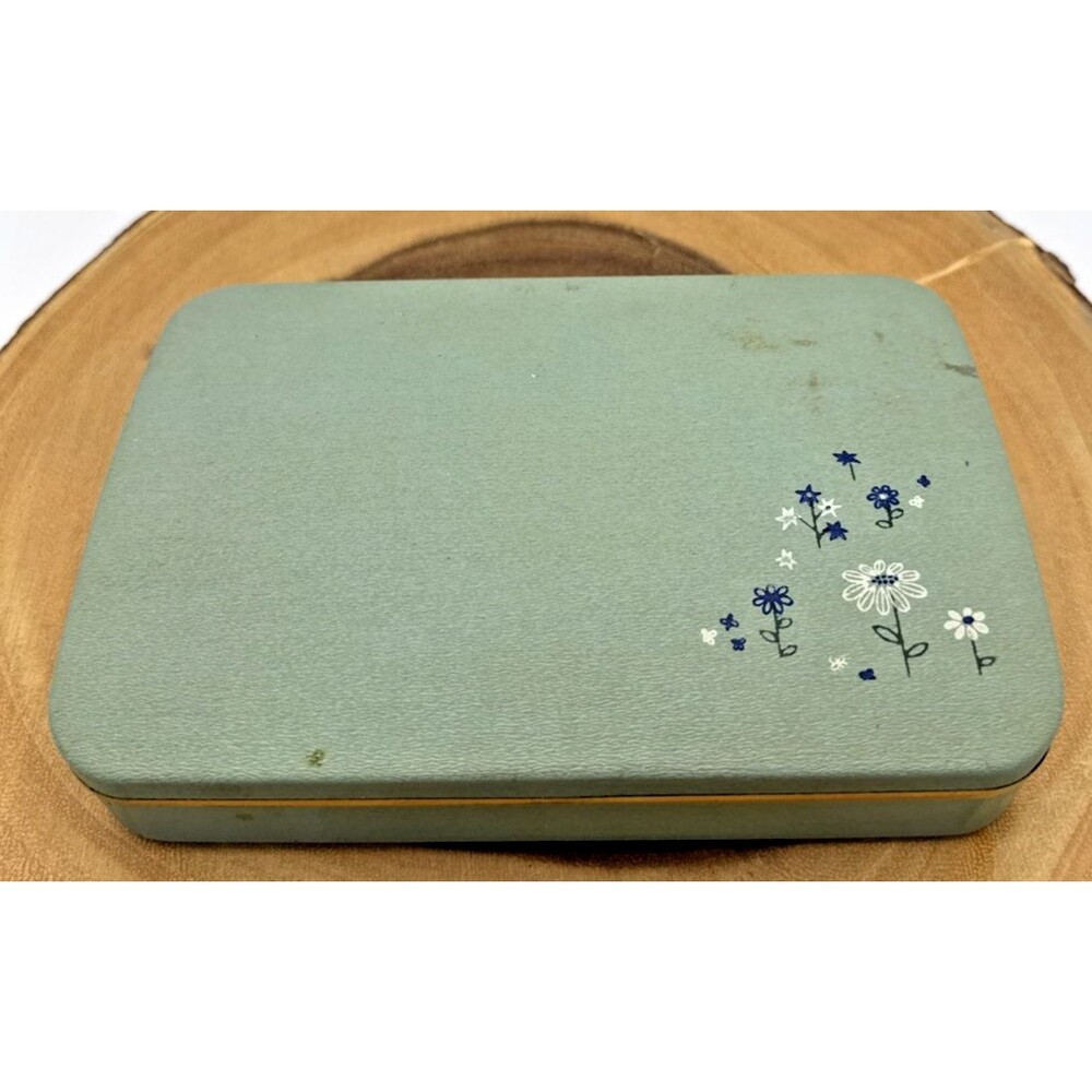 Vintage Farrington Jewelry Box Pale Green Floral Travel Case  7”x5”x1.5”